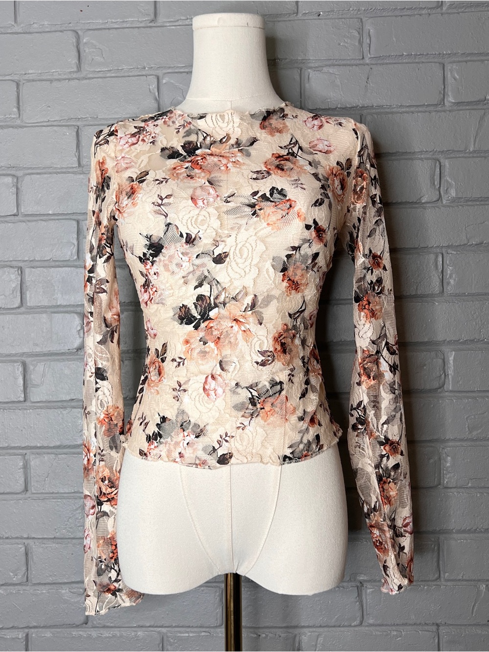 Pretty Garbage Ditsy Floral Mesh Lace Long-Sleeve Top Size Small
